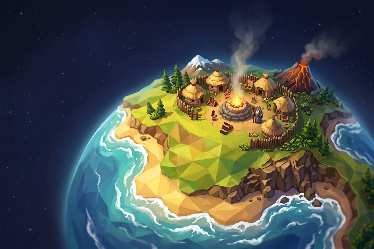 Hearthfall key art: a village on a small round planet with a smoking volcano
