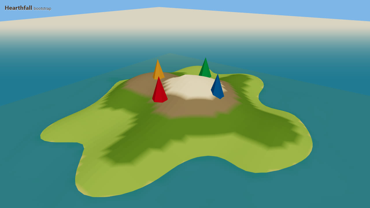 The first rendered scene: a banded island with four tribe totems